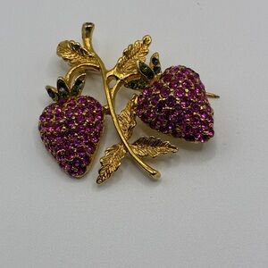 Vintage Strawberry Pink and Green Rhinestones Gold-Tone Broach Pin